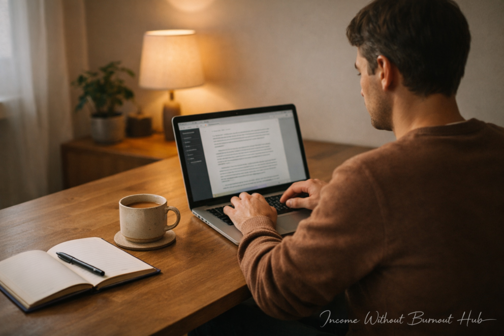 beginner side hustles without social media pressure showing calm focused work environment