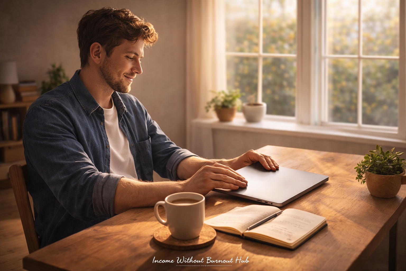 healthy boundaries for online income showing calm balanced workspace and lifestyle