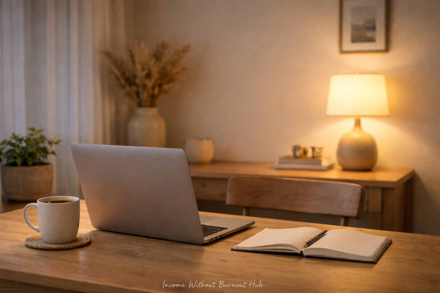 low energy side hustles calm workspace for sustainable online income representing low energy side hustles for mentally exhausted people