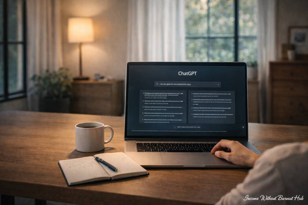ChatGPT prompts for income without burnout showing calm AI-powered productivity workspace